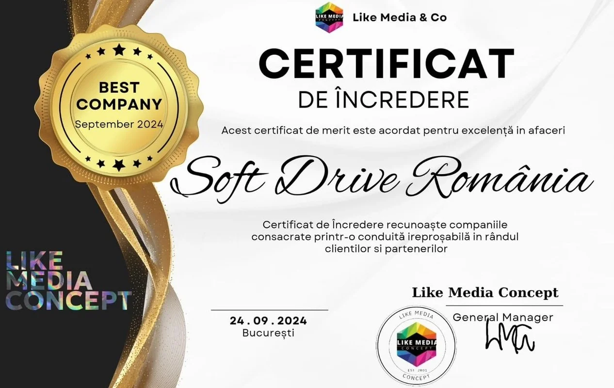 Certificat de Încredere acordat scolii de soferi auto Soft Drive pt excelență în afaceri, septembrie 2024